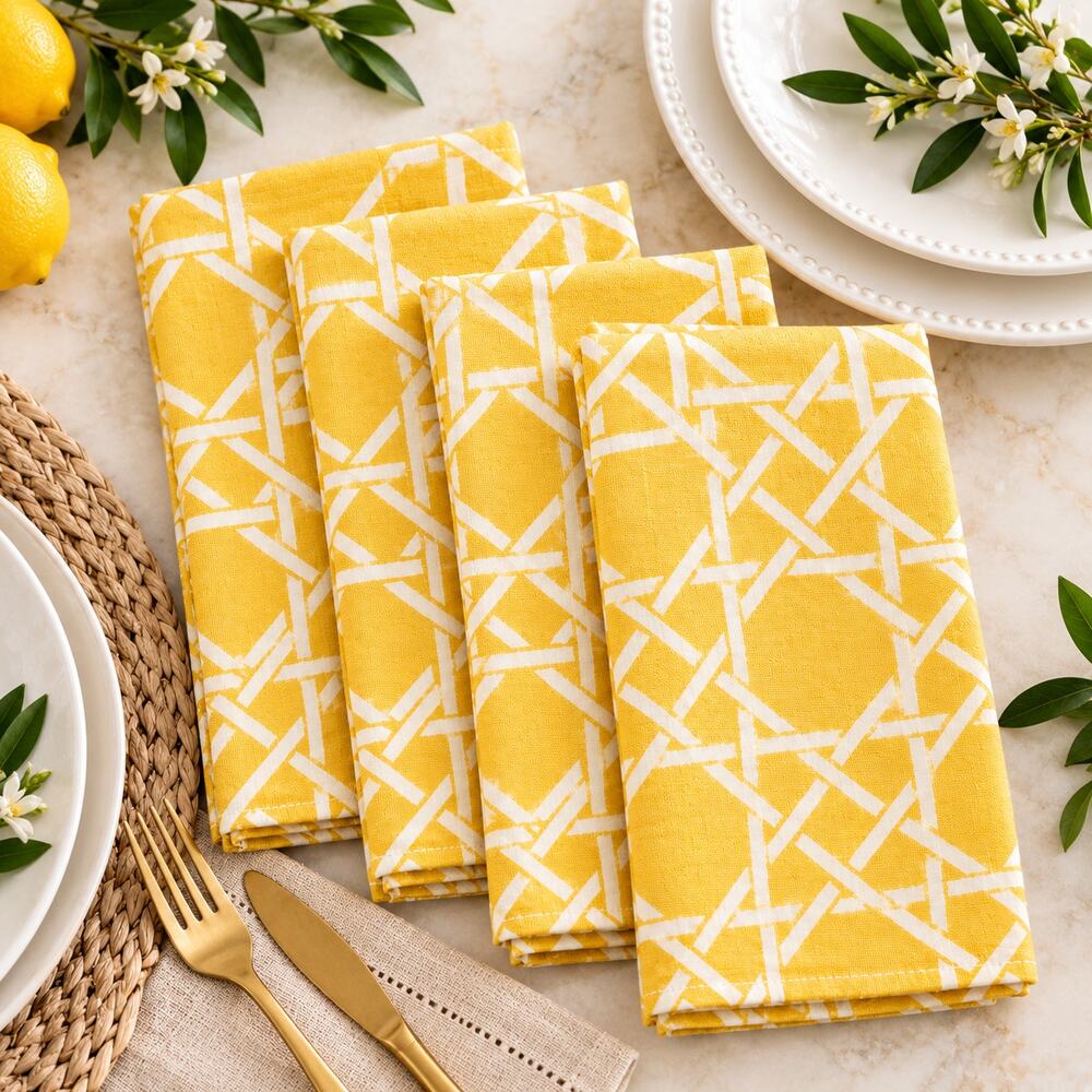 Yellow White Geometric Cloth Dinner Napkins Set of 4 20x21
